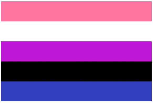 This gender fluid pride flag is made up of 5 horizontal bars. From top to bottom, the colours are pink, white, purple, black, and blue.
