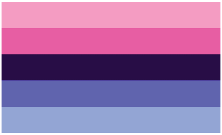 The omnisexual pride flag is made up of five horizontal bars. From top to bottom, they are light pink, pink, dark purple, blue, and light blue. 