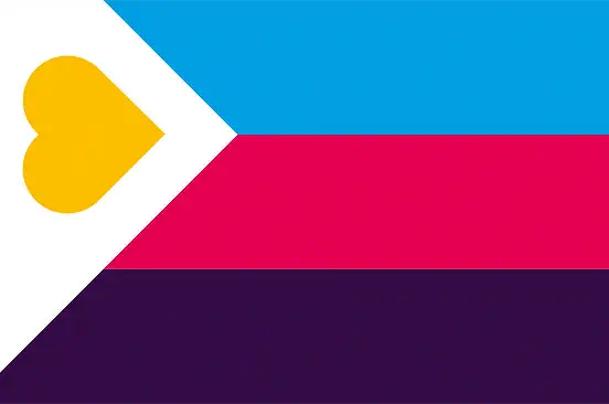The polyamorous pride flag is broken up into three horizontal bars of blue, red, and black colours. A pie symbol sits in the center of the flag.