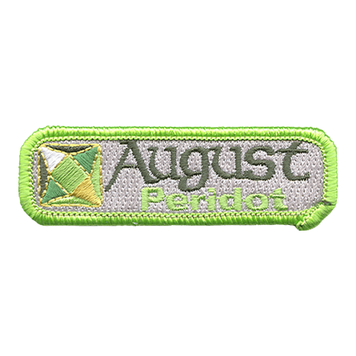 The words August Peridot next to a peridot gemstone.