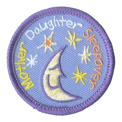 The words Mother Daughter Sleepover are around a smiling moon.