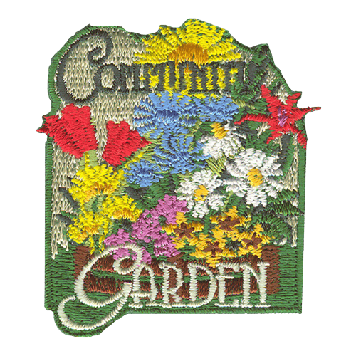 The words Community Garden are surrounded by blossoming flowers.