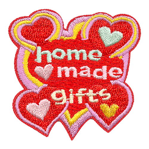 A bunch of hearts surround the words home made gifts.