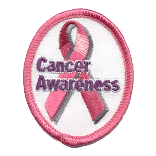 A pink ribbon with the words Cancer Awareness over top of them.