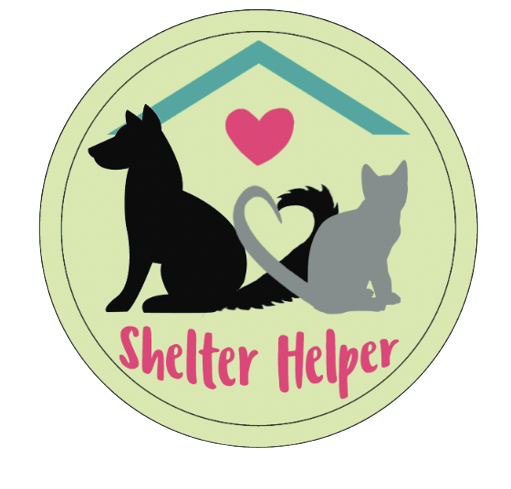 A cat and dog sit back to back with their tails forming a heart. The words Shelter Helper are under them.