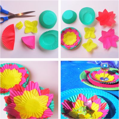 A colourful flower made from cupcake wrappers.