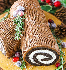 A cake decorated like a yule log.